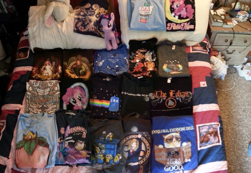 Photo of lots of nerdy t-shirts