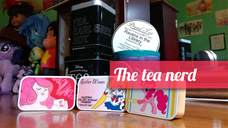 Photo of different types of teas arranged around a mug, with the text The tea nerd superimposed over the image