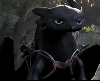 Toothless the Dragon from How To Train Your Dragon, with a grumpy look on his face.