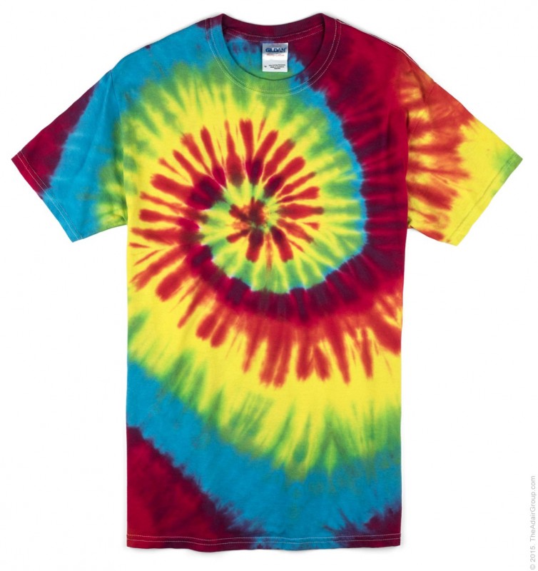 Photo of a rainbow-colored tie-dye t-shirt.