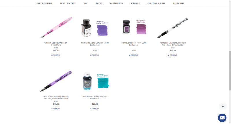 Screenshot of part of my Goulet Pens wishlist, containing a couple of different pens and bottles of ink.