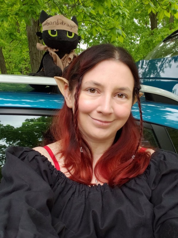 Me, dressed up as my Kishar character, Ëlinyr. In the background, on the car behind me, is a plush Toothless wearing a brown headband that says "sand dragon".
