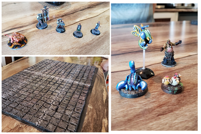 Photo collage of a number of different minis and some homemade mini terrain.