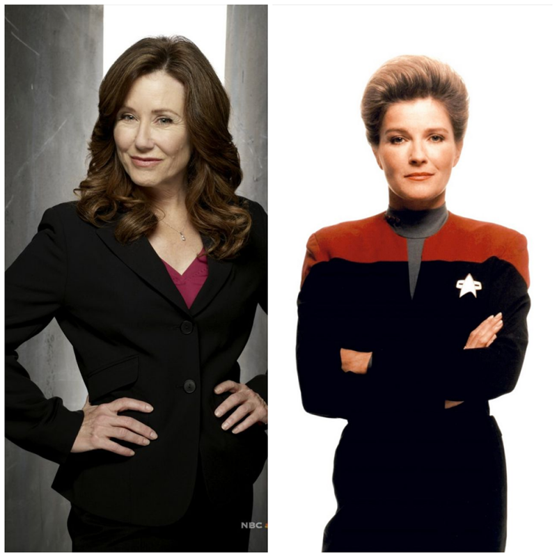 Photo-collage of President Laura Roslin (left) from Battlestar Galactica and Captain Kathryn Janeway (right) from Star Trek Voyager.
