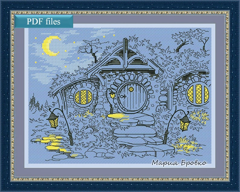 A June 2019 nerdy tidbit: Picture of the cross stitch pattern "Evening in the Shire".