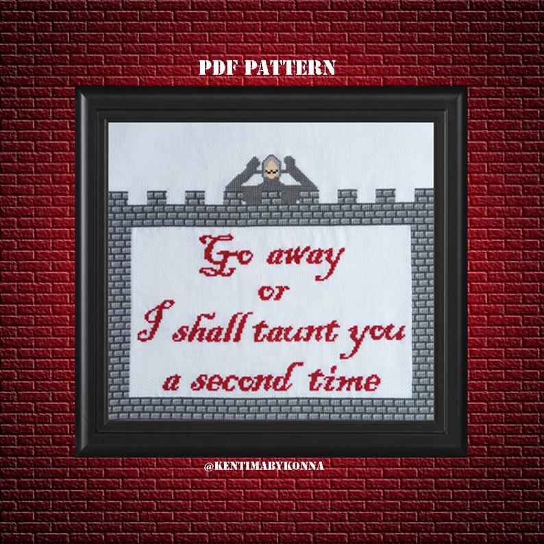 Image of Monty Python cross-stitch pattern, with the text 'Go away or I shall taunt you a second time' as part of the pattern.