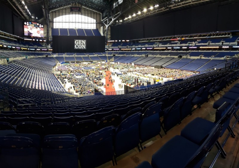 Lucas Oil Stadium, with the football field covered with board gaming tables.