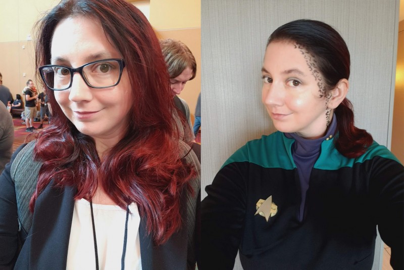 My Gen Con 2019 cosplay photos - President Roslin on the left, and Jadzia Dax on the right.