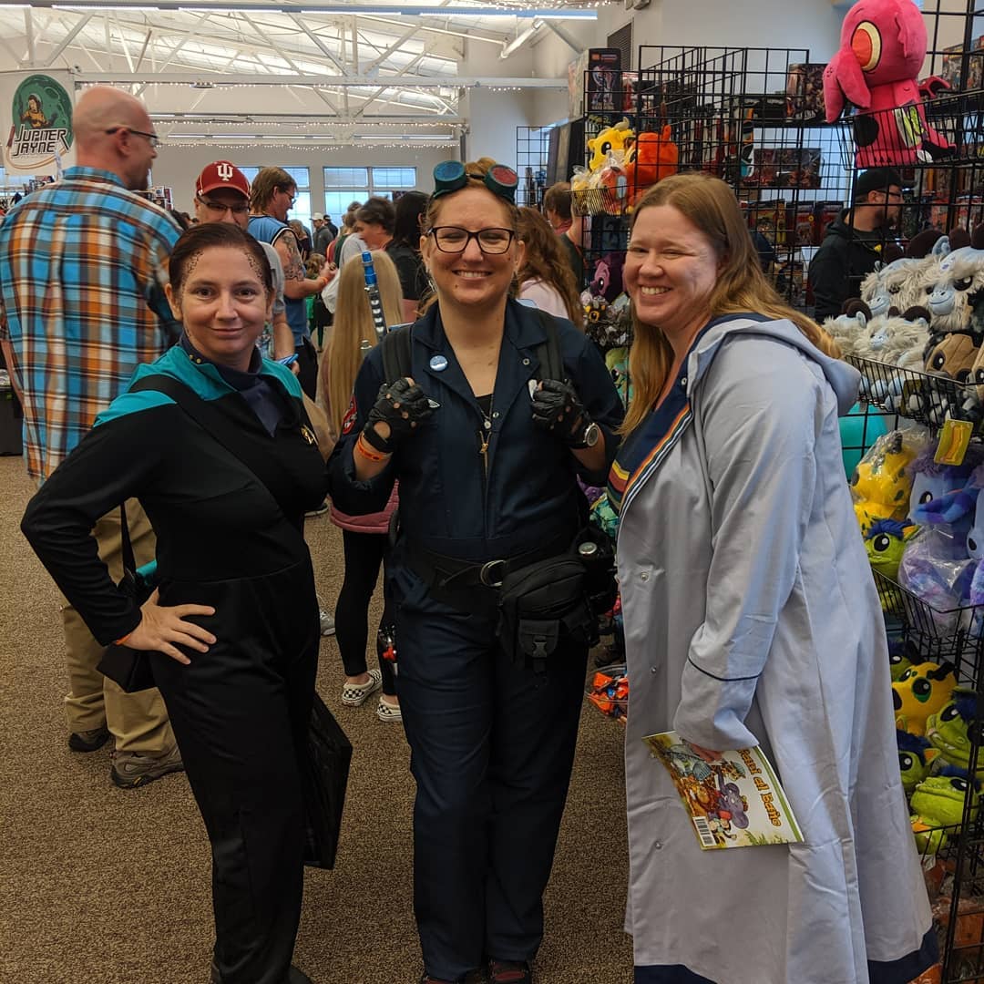 Myself as Jadzia, Rachel in her Timebuster gear, and Lizz as the 13th Doctor.