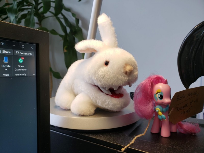 Small plush Monty Python rabbit, next to a Pinkie Pie figurine.