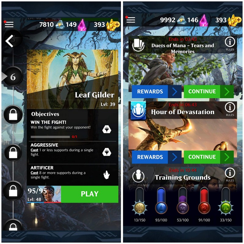 Screenshots from Magic: Puzzle Quest - the left screenshot shows story mode, and the right side shows events.