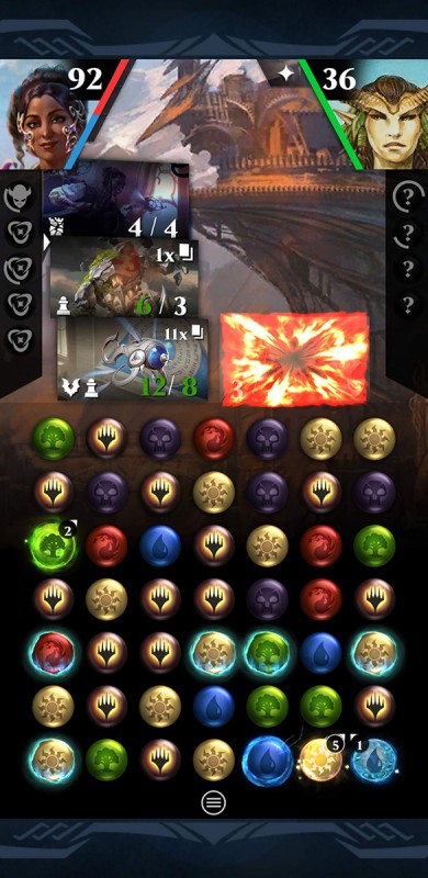A screenshot of gameplay, where the opponent's only creature was just destroyed by a stack of 12 thopter tokens.