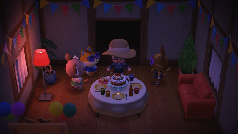 Screenshot of a birthday party in Animal Crossing.