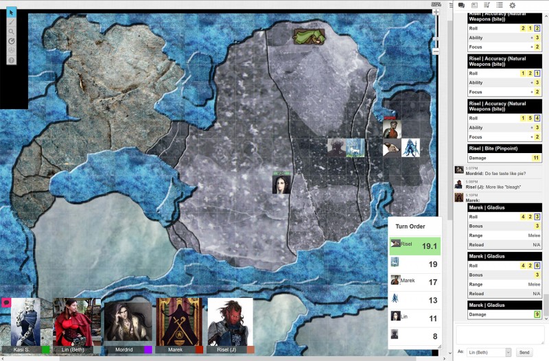 Screenshot of Roll20 interface, in the middle of a game.