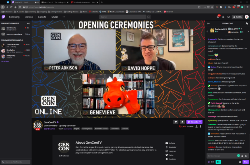 The Gen Con Online Twitch channel, showing the opening ceremonies for Gen Con Online.