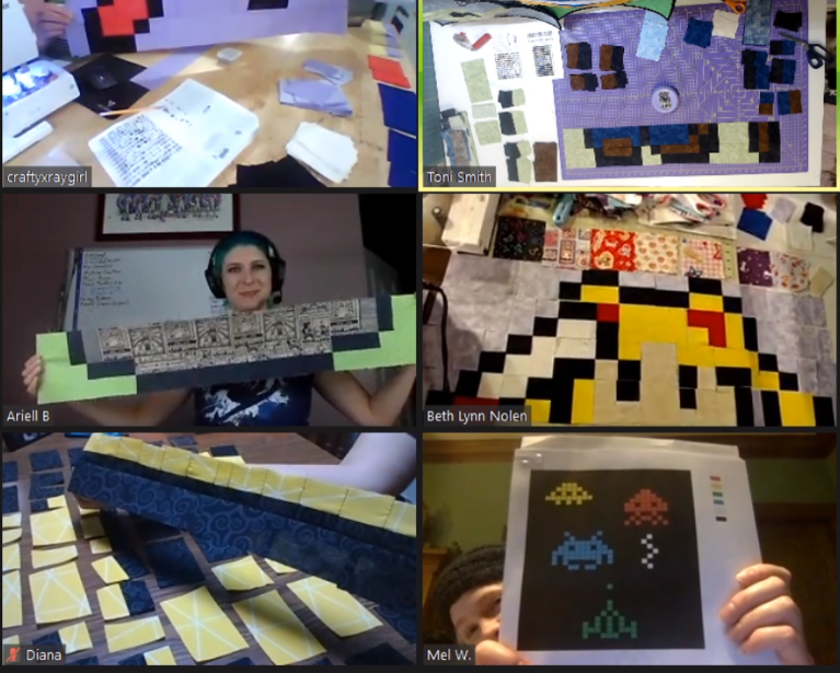 Screenshot of the camera feeds of everyone participating in the Quilting 201 workshop on Thursday evening.