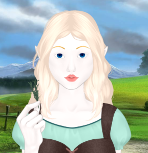 Illustration of a pale-skinned woman with dark blue eyes and white-gold hair, holding a sprig of some sort of herb.