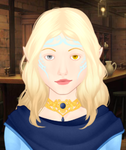 Illustration of a woman with gold-tinted skin, golden blond hair, and light blue tattoos on her face. One eye is silver, and the other is gold.