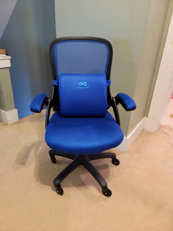 Simple blue desk chair with aftermarket lumbar support pillow added to the back.