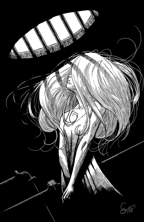 Artwork of Auri from the book "The Slow Regard of Silent Things". Auri is underground, looking up towards a grate overhead.