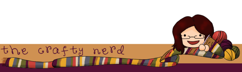 The original Crafty Nerd website header, with the text in a font that looks like scrawled handwriting and a cartoon version of my head and hands. My hands are holding knitting needles, and it looks like I'm knitting a very long scarf.