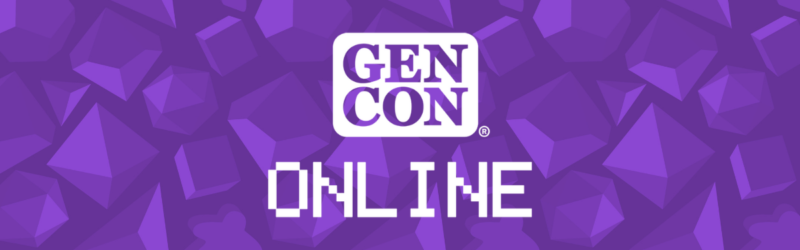 Gen Con Online logo over a purple background depicting stylized dice and meeples.