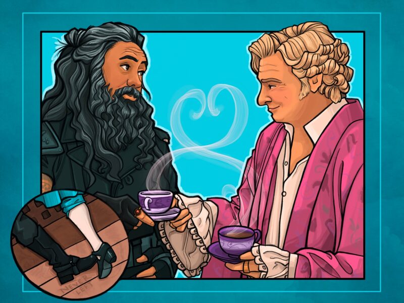 Artwork of Blackbeard and Stede from Our Flag Means Death enjoying tea together.