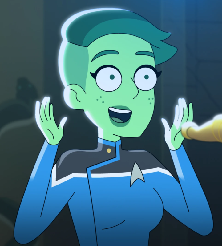Tendi from Star Trek: Lower Decks. She looks excited about something.