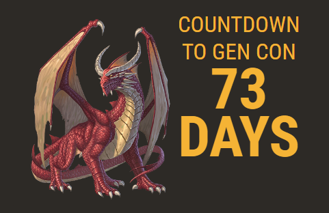 Screenshot of the Gen Con countdown from the Gen Con website, featuring artwork of Genevieve the Dragon with the text "Countdown to Gen Con: 73 Days"
